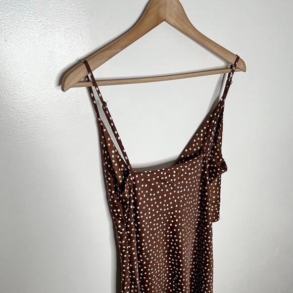 Urban Outfitters Womens Midi Slip Dress Large Brown Satin Polka Dot Front Slit - Picture 7 of 12